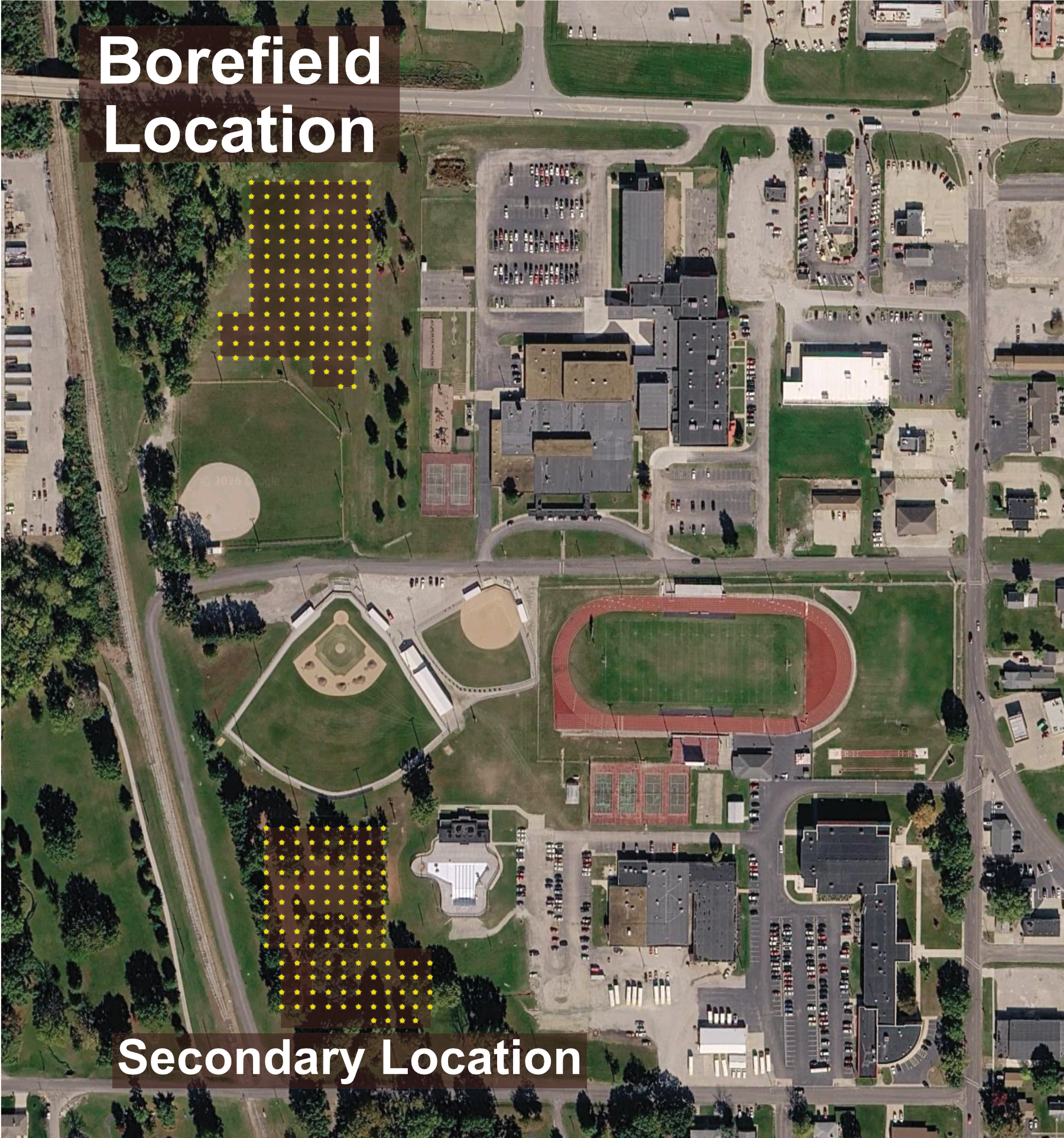 Aerial view of the Vandalia school complex showing the primary borefield location, a yellow grid of wells north of the schools, and a potential secondary location to the south.