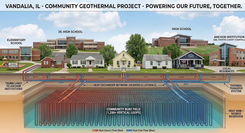 Cutaway rendering of Vandalia's community geothermal network. The schools, anchor hospital, and surrounding homes sit above ground, connected by an ambient-temperature loop running beneath the street to a vertical well field under the school grounds. Banner across the top reads 'Vandalia, IL Community Geothermal Project: Powering our future, together.'