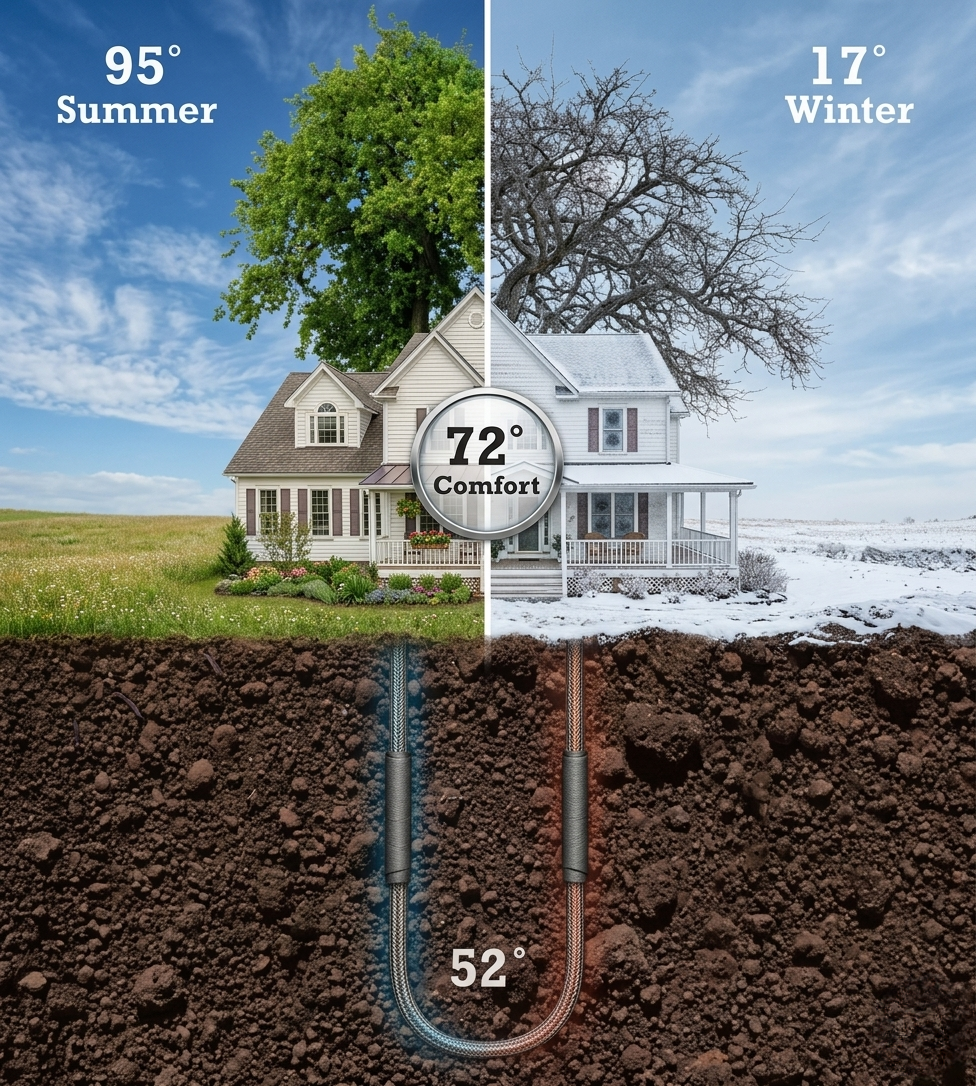 Split illustration of a single house showing summer at 95 degrees on the left and winter at 17 degrees on the right, both maintaining 72 degree indoor comfort through a vertical geothermal loop reaching 52 degree earth below.