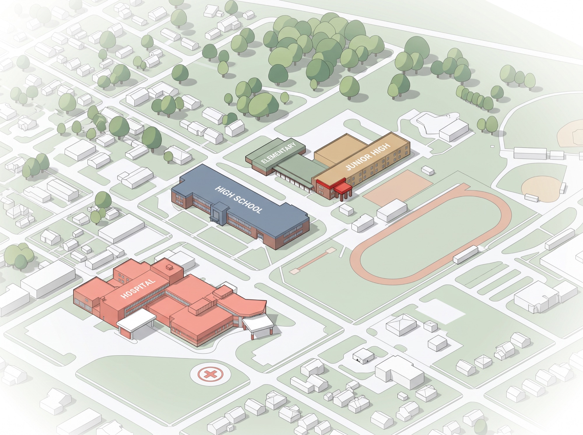 Annotated axonometric drawing of the Vandalia school complex and hospital: elementary, junior high, high school, and hospital in color among the surrounding homes.