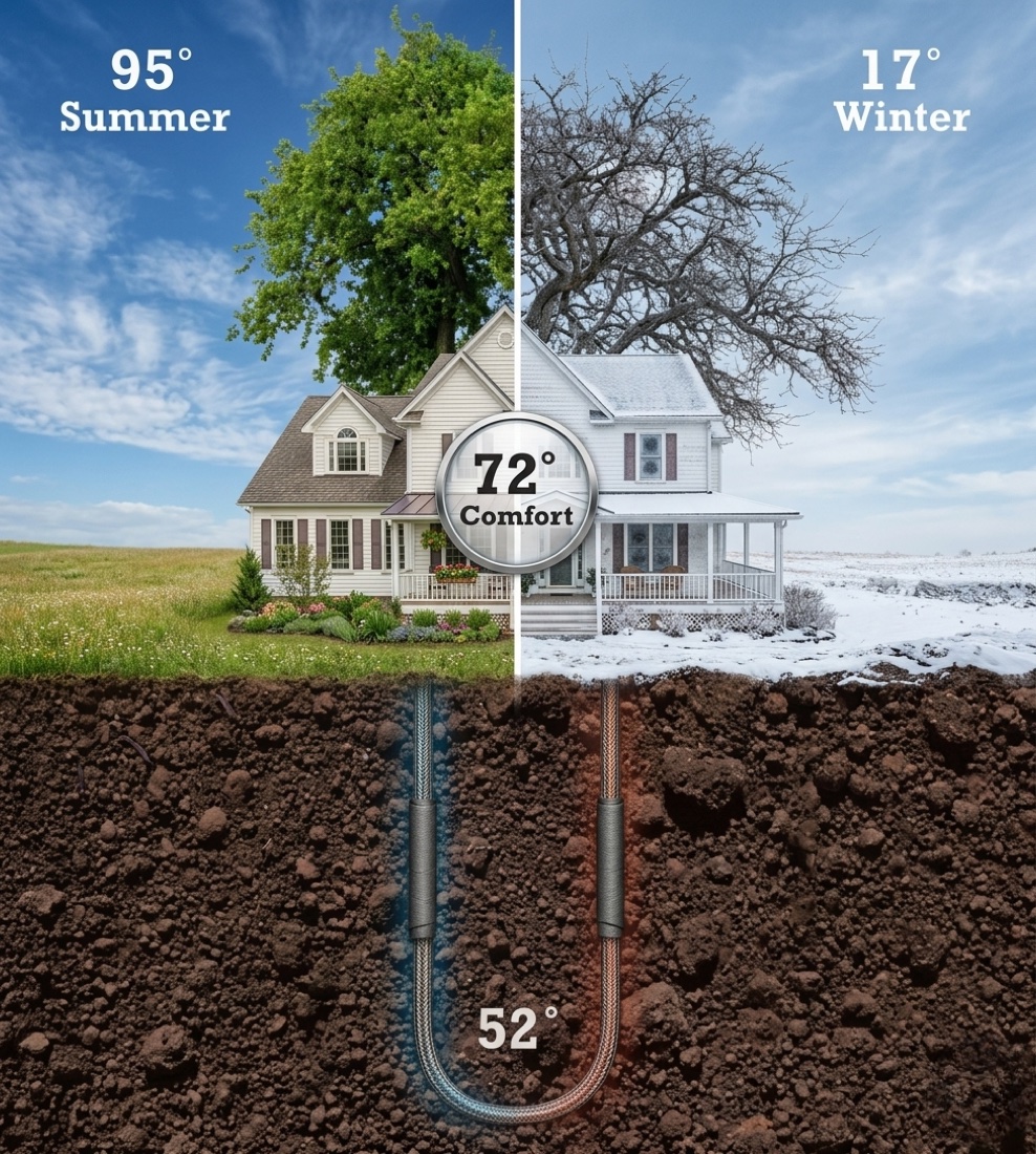 Split illustration of one house in summer and winter, both held at 72 degrees by a vertical ground loop.