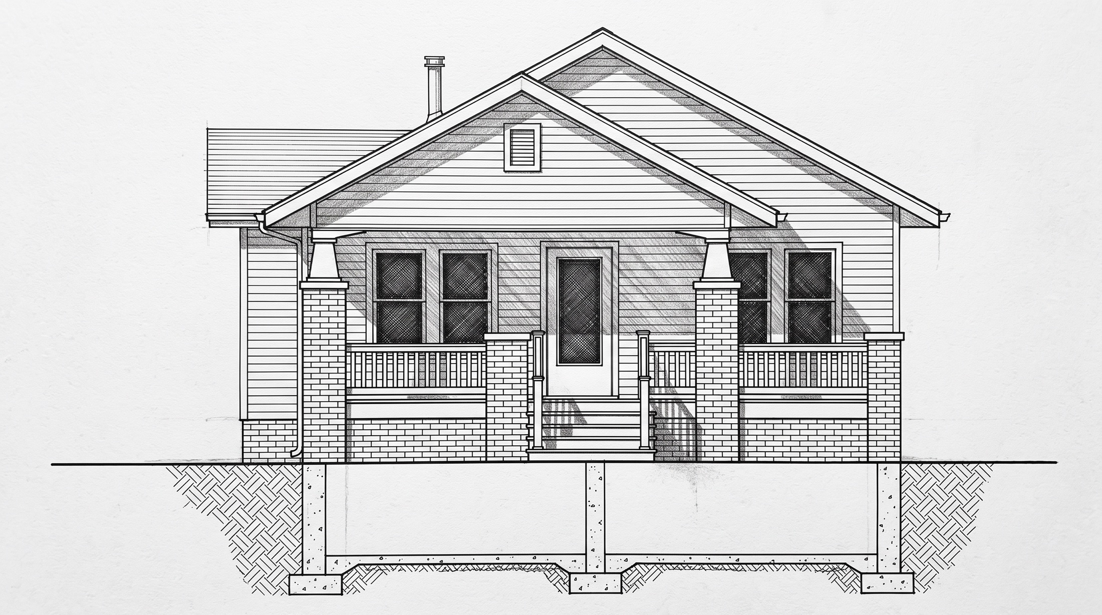 Pencil elevation drawing of a Vandalia bungalow with its foundation and basement shown below grade.