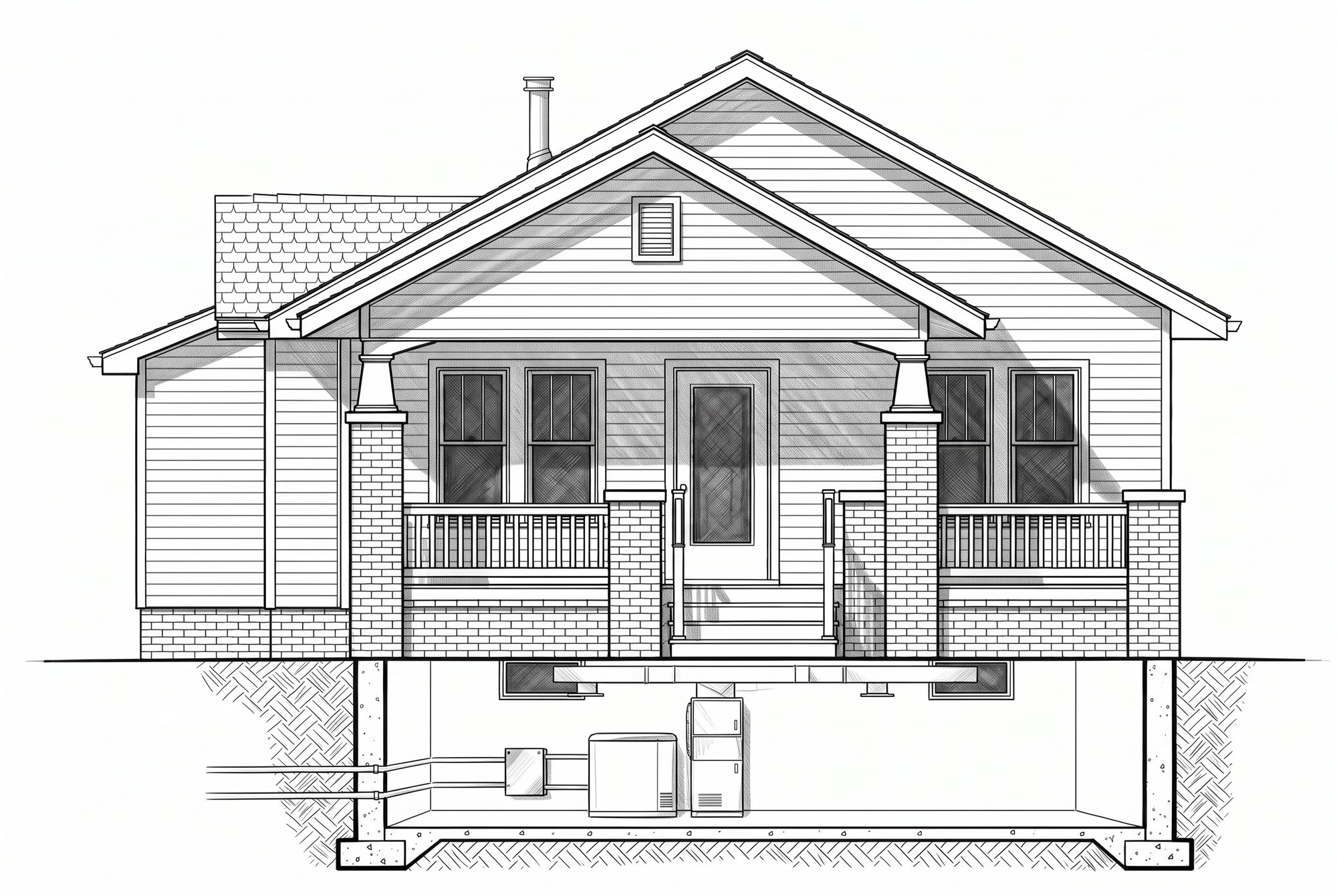 Pencil section of the same bungalow with community geothermal: heat pump, air handler, and heat exchanger in the basement, two loop pipes through the wall, nothing outside.
