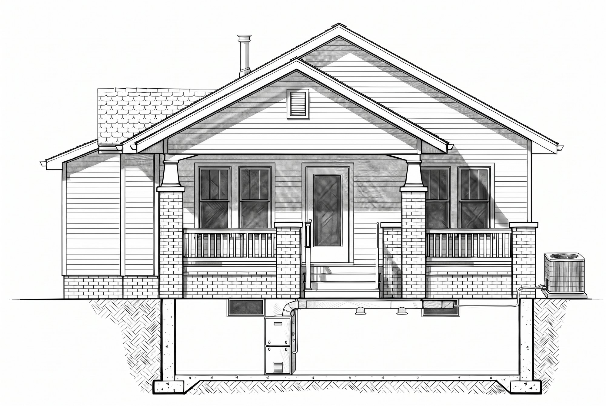 Pencil section of the same bungalow today: a gas furnace and air handler in the basement, a duct along the ceiling, and an outdoor air conditioning unit beside the house.