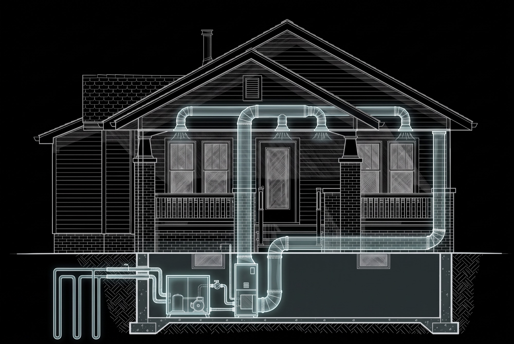 X-ray style drawing of a Vandalia bungalow on black, showing the heat pump in the basement, ductwork to each room, and the loop connection below grade.