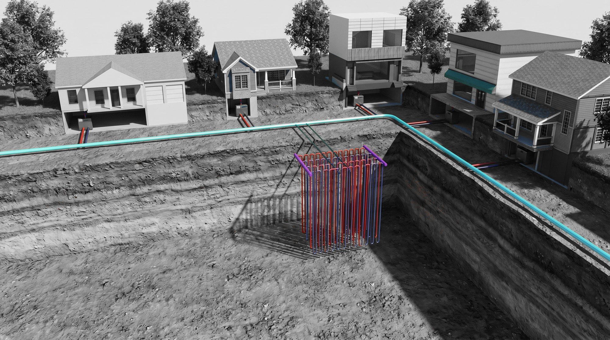 Cutaway model of a street in black and white. The ambient loop runs as a horizontal pipe in color along the street and ties into a field of vertical geothermal pipes below.