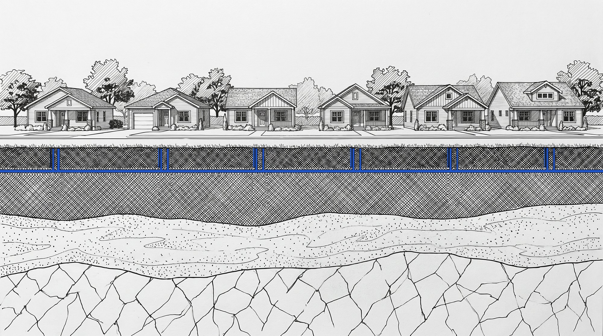 Pencil drawing of a row of Vandalia homes with a blue ambient loop running under the street and vertical boreholes below.
