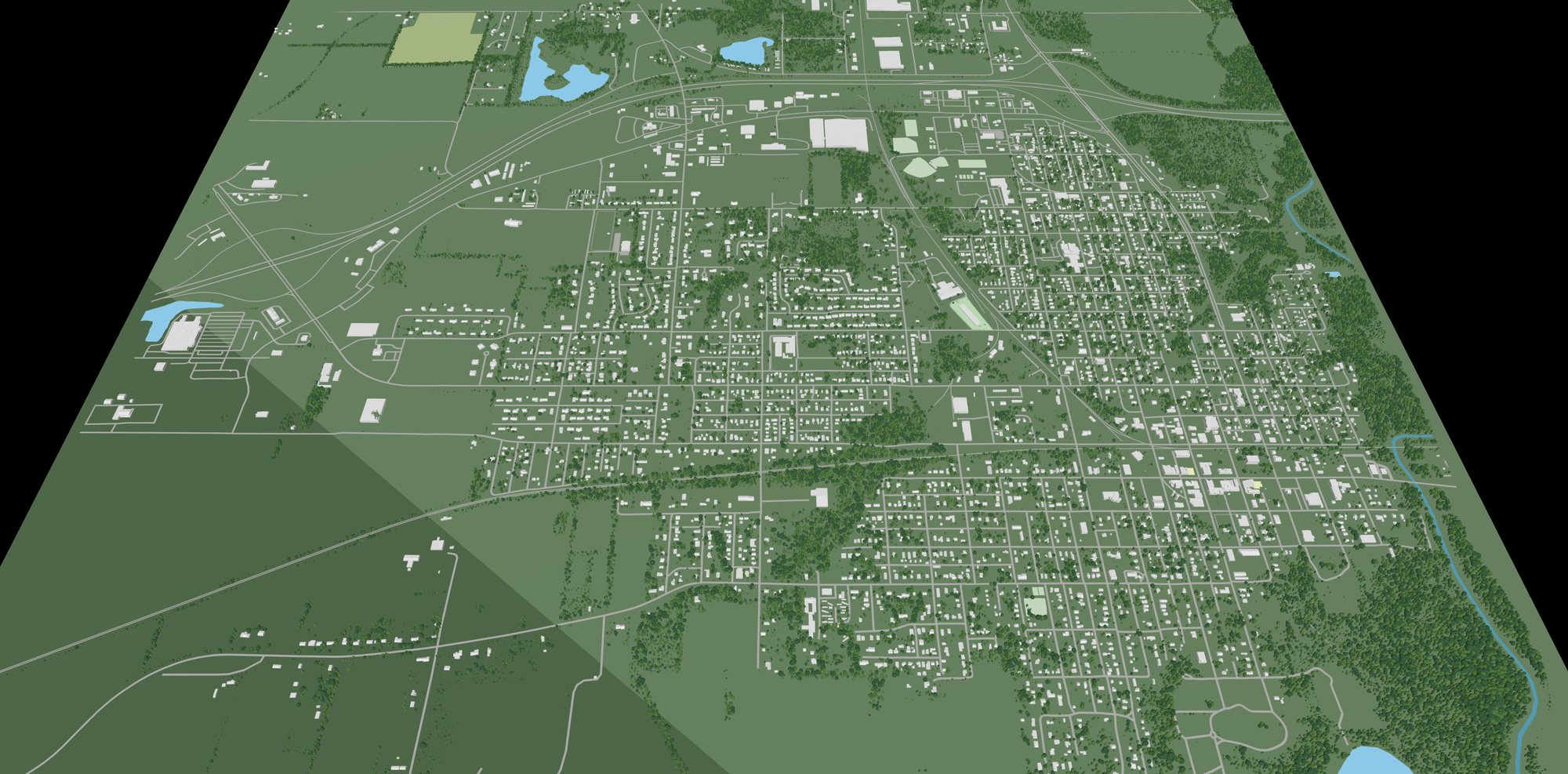 Three-dimensional model of the whole City of Vandalia seen from above, every building and street in place.